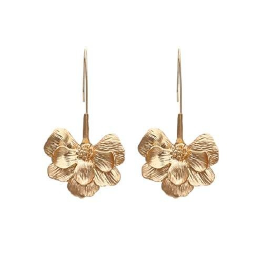 Gold‎ Floral Drop Earrings 3D Flower Petal Dangle Botanical Jewelry Boho Chic